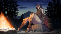 Rule 34 | 1girl, au ra, bag, breasts, brown gloves, campfire, final fantasy, final fantasy xiv, forest, gloves, grey hair, hair between eyes, high heels, horns, jonylaser, light smile, looking at viewer, nature, outdoors, red eyes, sitting, solo, warrior of light (ff14)