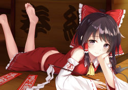Rule 34 | 1girl, ass, bare legs, bare shoulders, barefoot, black hair, bow, breasts, butt crack, closed mouth, detached sleeves, feet, flan (seeyouflan), frills, gohei, hair bow, hair tubes, hakurei reimu, hand on own cheek, hand on own face, head rest, legs up, long hair, looking at viewer, lying, miniskirt, ofuda, on floor, on stomach, ribbon-trimmed sleeves, ribbon trim, skirt, skirt set, small breasts, soles, solo, swept bangs, the pose, toes, touhou, wide sleeves, wooden floor