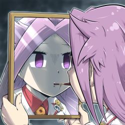 Rule 34 | 10s, 1girl, blank stare, dress shirt, empty eyes, food, highres, jun&#039;you (kancolle), kantai collection, lonely, long hair, looking at mirror, mirror, pocky, pocky day, purple eyes, purple hair, reflection, shirt, solo, spiked hair, tokkyuu mikan, you&#039;re doing it wrong