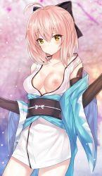 1girl ahoge black_bow bow breasts brown_eyes cleavage collarbone cowboy_shot day ero_waifu fate/grand_order fate_(series) female_focus hair_between_eyes hair_bow japanese_clothes kimono light_brown_hair long_hair medium_breasts nipples okita_souji_(fate) okita_souji_(koha-ace) open_clothes open_kimono outdoors shinsengumi short_kimono solo standing white_kimono