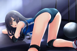 Rule 34 | 1girl, ass, ball, black hair, blush, breasts, buruma, elbow pads, grey eyes, indoors, knee pads, legs, light rays, long hair, looking at viewer, looking back, medium breasts, nonaka ritsu, open mouth, original, socks, solo, sportswear, sunbeam, sunlight, thighs, top-down bottom-up, volleyball (object), volleyball uniform, white socks