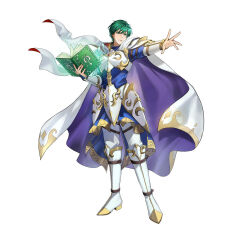 Rule 34 | 1boy, armor, attack, blue cape, book, cape, ced (ascendant) (fire emblem), ced (fire emblem), fire emblem, fire emblem: genealogy of the holy war, fire emblem: thracia 776, fire emblem heroes, full body, green eyes, green hair, holding, holding book, male focus, matching hair/eyes, nintendo, official art, outstretched arm, outstretched hand, short hair, shoulder armor, solo, standing, v-shaped eyebrows, white background, white cape