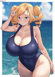 Rule 34 | 1girl, alternate costume, beach, blonde hair, blue eyes, blue one-piece swimsuit, blue sky, border, breasts, cloud, cloudy sky, competition swimsuit, cowboy shot, dated, day, drill hair, highres, honolulu (kancolle), huge breasts, kantai collection, long hair, ocean, one-piece swimsuit, shiromaru (maniado), sky, solo, swimsuit, twin drills, twintails, twitter username, white border