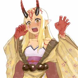 Rule 34 | 1girl, 4rca, bare shoulders, blonde hair, claws, fate/grand order, fate (series), female focus, floral print, horns, ibaraki douji (fate), japanese clothes, kimono, long hair, looking at viewer, off shoulder, oni, oni horns, open mouth, pointy ears, quentin lecuiller, short kimono, simple background, solo, white background, wide sleeves, yellow eyes, yellow kimono