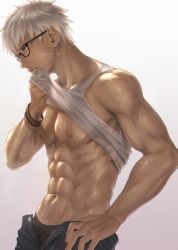 Rule 34 | 1boy, abs, archer (fate), bare arms, bare shoulders, black-framed eyewear, black male underwear, bracelet, brown eyes, clothes lift, cowboy shot, fate/grand order, fate (series), from side, grey background, grey hair, grey tank top, hand on own hip, highres, jewelry, male focus, male underwear, mondi hl, muscular, muscular male, navel, nipples, open pants, pants, shiny skin, shirt lift, short hair, simple background, solo, tank top, twitter username, underwear