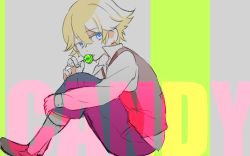 Rule 34 | 1boy, asuma kanau, black socks, blonde hair, blue eyes, brown vest, candy, end roll, food, highres, licking, lollipop, long sleeves, looking at viewer, male focus, pale skin, russell seager, shirt, short hair, socks, solo, tongue, tongue out, vest, white shirt, white socks
