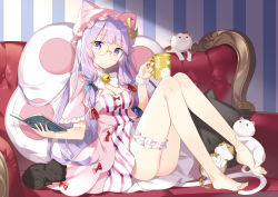 Rule 34 | 1girl, adapted costume, animal hat, ass, bare legs, barefoot, bell, bespectacled, black cat, book, bow, breasts, bridal garter, capelet, cat, cat tail, cleavage, couch, crescent, cup, dress, full body, glasses, hair bow, hair ribbon, hat, holding, holding book, holding cup, jingle bell, kemonomimi mode, knees up, legs, light purple hair, long hair, long legs, looking at viewer, mob cap, mug, on couch, open book, patchouli knowledge, paw print, pillow, purple eyes, red bow, ribbon, rie (reverie), short dress, single wrist cuff, sitting, solo, striped clothes, striped dress, tail, toes, touhou, tress ribbon, vertical-striped clothes, vertical-striped dress, white cat, wrist cuffs