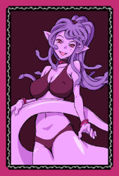 Rule 34 | 1girl, bad id, bad pixiv id, bare shoulders, bracelet, breasts, caracol, choker, cleavage, collarbone, colored skin, covered erect nipples, framed, jewelry, lamia, large breasts, looking at viewer, monster girl, navel, open mouth, original, panties, pink eyes, pointy ears, purple skin, purple theme, smile, snake hair, solo, tail, underwear