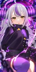 Rule 34 | 1girl, ahoge, black dress, braid, braided bangs, chain, commentary request, demon horns, dress, fang, feet out of frame, grey hair, highres, hololive, horns, hoshimiya aki, la+ darknesss, la+ darknesss (1st costume), long sleeves, looking at viewer, multicolored hair, parted lips, pointy ears, purple hair, purple thighhighs, red eyes, single thighhigh, sleeves past fingers, sleeves past wrists, solo, streaked hair, thighhighs, virtual youtuber, yellow eyes