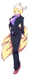Rule 34 | 1girl, absurdres, alternate costume, bad id, bad pixiv id, blonde hair, breasts, business suit, female focus, formal, fox tail, full body, hand in pocket, hat, highres, kaminari, large breasts, long image, multiple tails, necktie, pant suit, pants, shoes, short hair, simple background, smile, solo, suit, tail, tall image, touhou, white background, yakumo ran, yellow eyes