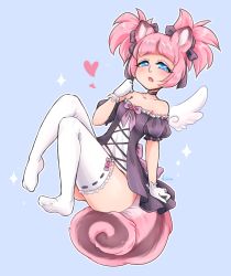 Rule 34 | 1girl, angel wings, animal ears, bare shoulders, black dress, blue background, blue eyes, dog ears, dog tail, dress, elin, gloves, hand to own mouth, heart, highres, knees up, lulena, open mouth, pink hair, ribbon, short dress, short hair, simple background, solo, sparkle, strapless, strapless dress, tail, tera online, thighhighs, twintails, white gloves, white thighhighs, wings