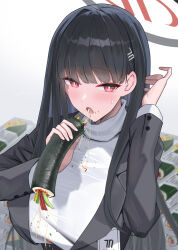 1girl black_hair blazer blue_archive blush breasts ehoumaki food hair_ornament hairclip halo highres holding holding_food jacket large_breasts long_hair looking_at_viewer makizushi open_mouth red_eyes ringed_eyes rio_(blue_archive) setsubun shougun_(chuckni1) solo sushi sweatdrop sweater turtleneck turtleneck_sweater white_sweater