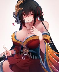 Rule 34 | 1girl, ahoge, azur lane, bare shoulders, bashiu zensen, black hair, breasts, cleavage, clothes lift, collarbone, commentary request, crossed bangs, dress, dress lift, feather-trimmed sleeves, grey background, hair between eyes, hair ribbon, hand on own chest, heart, japanese clothes, kimono, large breasts, lifting own clothes, long hair, long sleeves, looking at viewer, mask, off shoulder, open mouth, red eyes, red kimono, red ribbon, ribbon, shaded face, sidelocks, signature, simple background, solo, striped ribbon, taihou (azur lane), thighhighs, twintails, very long hair, wide sleeves