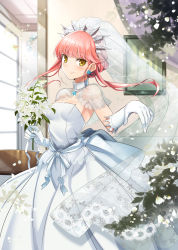 Rule 34 | 1girl, aono shimo, bad id, bad pixiv id, breasts, bridal veil, crown, dress, earrings, elbow gloves, fate/grand order, fate (series), gloves, highres, jewelry, long hair, looking at viewer, medb (fate), medium breasts, pink hair, smile, solo, strapless, strapless dress, tiara, veil, wedding dress, white dress, yellow eyes