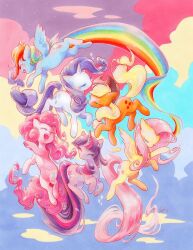 Rule 34 | 6+girls, animal focus, applejack, blonde hair, blue clouds, blue wings, breasts, closed eyes, cowboy hat, curly hair, cutie mark, fleebites, fluttershy, flying, hat, highres, horns, horse, long hair, multicolored clouds, multicolored hair, multicolored tail, multiple girls, my little pony, my little pony: friendship is magic, no humans, open mouth, pegasus, pink clouds, pink hair, pinkie pie, purple clouds, purple hair, rainbow dash, rainbow hair, rarity (my little pony), single horn, sky, smile, sparkle, streaked hair, tail, twilight sparkle, unicorn, wings, yellow clouds, yellow wings