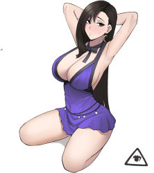 Rule 34 | 1girl, armpits, arms behind head, bare shoulders, black bow, bow, breasts, brown eyes, brown hair, cleavage, donburi (donburikazoku), dress, earrings, final fantasy, final fantasy vii, final fantasy vii remake, highres, jewelry, large breasts, parted bangs, parted lips, purple dress, seiza, short dress, sitting, square enix, sweatdrop, thighs, tifa lockhart, tifa lockhart (refined dress), wall market, white background