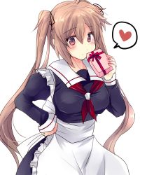 Rule 34 | 1girl, alternate costume, apron, black serafuku, blonde hair, blush, breasts, commentary request, enmaided, gift, hair between eyes, hair ribbon, hand on own hip, heart, highres, hirune (konekonelkk), holding, holding gift, kantai collection, large breasts, long sleeves, looking at viewer, maid, maid apron, murasame (kancolle), neckerchief, orange eyes, red neckerchief, ribbon, sailor collar, school uniform, serafuku, sidelocks, simple background, solo, spoken heart, twintails, white background