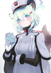 Rule 34 | 1girl, absurdres, alcohol, animal ears, aqua hair, blue archive, coat, grey coat, grey hat, hat, highres, looking at viewer, purple eyes, shigure (blue archive), simple background, solo, tail, upper body, ushimochi, white background