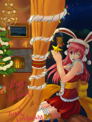 Rule 34 | 1girl, angelscale, animal ears, bad id, bad pixiv id, breasts, christmas, christmas lights, christmas tree, cleavage, hat, headphones, highres, large breasts, long hair, looking at viewer, nitroplus, one eye closed, open mouth, pink hair, rabbit ears, red eyes, santa hat, smile, solo, star (symbol), super sonico, thighhighs