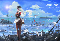 Rule 34 | 1girl, aircraft, airplane, ass, azur lane, bad id, bad pixiv id, bird, black pantyhose, character name, clothes lift, cloud, commentary request, copyright name, day, goti (gotie23), graf zeppelin (bilan hangxian), hair blowing, highres, long hair, looking at viewer, military, military vehicle, no panties, ocean, pantyhose, red eyes, seagull, ship, skirt, skirt lift, sun, thighband pantyhose, torn clothes, torn legwear, warship, watercraft, white hair, wreckage