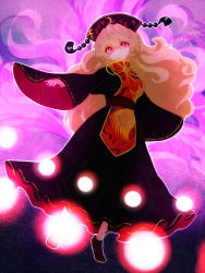 Rule 34 | 1girl, bad id, bad pixiv id, black dress, blonde hair, chinese clothes, crescent, danmaku, dress, glowing, glowing eyes, gradient background, hat, junko (touhou), long hair, long sleeves, multiple tails, red eyes, ribbon, risaayu, sash, smile, solo, tabard, tail, touhou, very long hair, wide sleeves