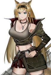 Rule 34 | 1girl, animal ears, arknights, bare shoulders, berylmini, black choker, black hairband, black jacket, blonde hair, blue eyes, breasts, choker, cleavage, commentary request, cowboy shot, crop top, cropped jacket, grey tank top, grey thighhighs, hairband, highres, horn (arknights), jacket, jewelry, large breasts, long hair, long sleeves, looking at viewer, midriff, miniskirt, necklace, off shoulder, simple background, skirt, solo, standing, stomach, tank top, thighhighs, very long hair, white background, wolf ears, zettai ryouiki