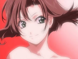 Rule 34 | 1girl, bare shoulders, brown hair, closed mouth, collarbone, female focus, floating hair, green eyes, looking at viewer, neck, red background, short hair, smile, solo, taiho shichauzo, tsujimoto natsumi, upper body