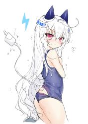 Rule 34 | 1girl, :t, ass, bare arms, bare shoulders, blue one-piece swimsuit, blush, closed mouth, hair between eyes, hair ornament, indie virtual youtuber, lightning bolt symbol, long hair, looking at viewer, looking to the side, official art, old school swimsuit, one-piece swimsuit, padko, pout, red eyes, school swimsuit, shiodome oji, simple background, solo, swimsuit, tail, tail raised, trembling, very long hair, virtual youtuber, wet, wet hair, white background, white hair