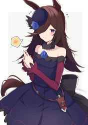 Rule 34 | 1girl, animal ears, bare shoulders, black bow, black hat, blue dress, blue flower, blue rose, bow, breasts, brown hair, collarbone, commentary request, dagger, dress, flower, hair over one eye, hat, hat flower, horse ears, horse girl, horse tail, knife, long hair, long sleeves, looking at viewer, off-shoulder dress, off shoulder, parted lips, purple eyes, rice shower (umamusume), rose, sheath, sheathed, sleeves past wrists, small breasts, solo, sou (soutennkouchi), spoken blush, steepled fingers, tail, tilted headwear, umamusume, weapon