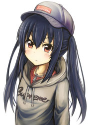 Rule 34 | 1girl, baseball cap, black hair, blush, brown eyes, chain, clothes writing, collarbone, hat, hood, hoodie, k-on!, long hair, nakano azusa, revision, simple background, solo, tanashi (mk2), twintails, white background