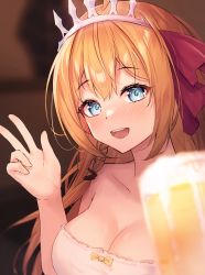 Rule 34 | 1girl, :d, absurdres, alcohol, atychi, bare shoulders, beer, beer mug, blonde hair, blue eyes, blush, breasts, cleavage, commentary request, cup, hair ribbon, hand up, highres, large breasts, long hair, looking at viewer, mug, nose blush, open mouth, pecorine (princess connect!), princess connect!, red ribbon, ribbon, smile, solo, strapless, tiara, very long hair, w