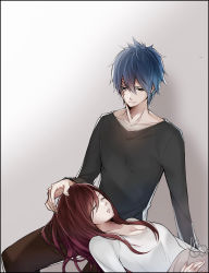 Rule 34 | 1boy, 1girl, black shirt, blue eyes, blue hair, breasts, brown pants, cleavage, closed mouth, collarbone, couple, erza scarlet, closed eyes, facial mark, fairy tail, hair between eyes, highres, jellal fernandes, lap pillow, long hair, long sleeves, looking down, medium breasts, pants, parted lips, red hair, shirt, smile, white background, white shirt, yae chitokiya
