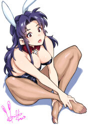 Rule 34 | 1girl, 2023, animal ears, ass, black leotard, breasts, brown eyes, bunny day, cleavage, crossed legs, dated, detached collar, earrings, feet, female focus, highres, horishin1986, jewelry, katsuragi misato, large breasts, leotard, looking to the side, neon genesis evangelion, pantyhose, pendant, playboy bunny, purple hair, rabbit ears, signature, simple background, sitting, solo, strapless, strapless leotard, toes, torn clothes, white background, wide hips