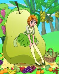 Rule 34 | 1girl, banana, banana tree, basket, brown eyes, dress, food, fruit, futari wa precure, grapes, green dress, green footwear, hands on own knees, highres, misumi nagisa, official art, open mouth, orange (fruit), orange hair, oversized food, oversized object, pear, precure, precure connection puzzlun, see-through, see-through sleeves, short hair, smile, solo, strawberry, third-party source, tree