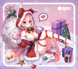 Rule 34 | 1girl, absurdres, animal ear headwear, animal hands, animal hood, bell, blush, box, breasts, breasts out, candle, chii aruel, christmas, christmas tree, empty eyes, fake animal ears, fur trim, gift, gift box, gloves, hair bell, hair ornament, heart, highres, hood, lactation, licking lips, long hair, looking at viewer, nipples, panties, paw gloves, pink hair, recording, red eyes, ribbon, sack, santa costume, sitting, small breasts, solo, soulworker, spoken blush, spoken heart, tongue, tongue out, underwear, very long hair, vks (63069596)