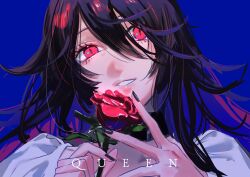 Rule 34 | 1girl, adochansukisuki, black hair, black nails, blue bow, bow, commentary, flower, hair between eyes, highres, holding, holding flower, long hair, nail polish, parted lips, queen (vocaloid), red eyes, red flower, red rose, rose, simple background, solo, upper body
