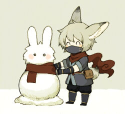 Rule 34 | 1boy, ^ ^, animal ear fluff, animal ears, belt pouch, closed eyes, commentary request, fingerless gloves, gloves, grey hair, hands up, happy, male focus, maniani, original, pouch, rabbit ears, rabbit tail, red scarf, scarf, short sleeves, snow, snowman, solo, standing, tail, yasuke (maniani)
