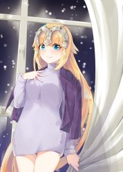 Rule 34 | 1girl, absurdres, blonde hair, blue eyes, commentary request, curtain grab, curtains, dress, fate/grand order, fate (series), graphite (medium), hand on own chest, headpiece, highres, jacket, jacket on shoulders, jeanne d&#039;arc (fate), jeanne d&#039;arc (ruler) (fate), long hair, looking at viewer, mechanical pencil, pencil, rocorey1115, smile, snowing, solo, sweater, sweater dress, traditional media, very long hair