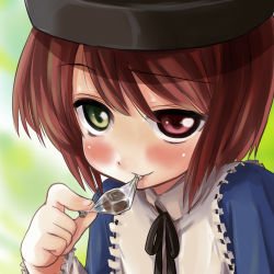 Rule 34 | 00s, 1girl, androgynous, blush, brown hair, chocolate, face, gorakujin, green eyes, hat, heterochromia, mouth hold, naughty face, red eyes, reverse trap, rozen maiden, short hair, solo, souseiseki