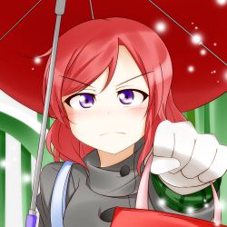Rule 34 | &gt;:(, 10s, 1girl, bag, blush, coat, feitonokesin, frown, gloves, highres, looking at viewer, love live!, love live! school idol festival, love live! school idol project, nishikino maki, pov, purple eyes, red hair, short hair, snow, solo, tsundere, umbrella, upper body, v-shaped eyebrows, white gloves