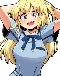 Rule 34 | 1girl, adjusting hair, aono3, arms behind head, arms up, blonde hair, blue shirt, blush, breasts, character request, copyright request, highres, large breasts, looking at viewer, open mouth, purple eyes, shirt, short sleeves, smile, solo, taut clothes, taut shirt, teeth, upper teeth only