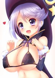 Rule 34 | 10s, 1girl, bare shoulders, bikini warriors, blush, breasts, cleavage, covered erect nipples, detached sleeves, female focus, gradient background, hat, huge breasts, kane-neko, mage (bikini warriors), navel, open mouth, out-of-frame censoring, purple eyes, purple hair, short hair, smile, solo, upper body, witch hat
