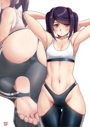 Rule 34 | 1girl, armpits, arms behind head, arms up, ass, ass cutout, black leggings, breasts, cameltoe, clothing cutout, double vertical stripe, feet, finalcake, foot focus, foot out of frame, highres, hip vent, jill stingray, leggings, long hair, looking at viewer, navel, no shoes, purple hair, red eyes, sidelocks, small breasts, soles, sports bra, standing, standing on one leg, stirrup legwear, toeless legwear, toes, twintails, va-11 hall-a, white sports bra