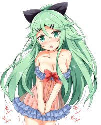 Rule 34 | 10s, 1girl, :o, aikawa ryou, alternate costume, bare arms, bare shoulders, black bow, blush, bow, breasts, cleavage, collarbone, covering privates, covering crotch, cowboy shot, dress, embarrassed, frilled dress, frills, green eyes, green hair, groin, hair between eyes, hair bow, hair ornament, hairclip, highres, kantai collection, long hair, looking at viewer, medium breasts, motion lines, no panties, nose blush, open mouth, parted bangs, red bow, school uniform, solo, standing, strapless, strapless dress, translated, trembling, v arms, very long hair, yamakaze (kancolle)