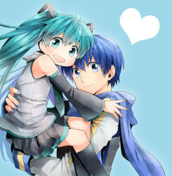 Rule 34 | 1boy, 1girl, age difference, ahoge, aqua eyes, aqua hair, bad id, bad pixiv id, blue eyes, blue hair, blue scarf, detached sleeves, hatsune miku, irono (irtyu), kaito (vocaloid), long hair, looking at viewer, nail polish, necktie, scarf, skirt, smile, thighhighs, twintails, vocaloid, aged down