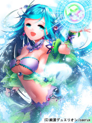 Rule 34 | 1girl, aile (crossroads), aqua hair, armpits, blue eyes, breasts, cleavage, copyright name, detached sleeves, earrings, jewelry, junketsu duelion, large breasts, long hair, looking at viewer, lots of jewelry, mel priesterin, midriff, navel, necklace, o-ring, o-ring top, official art, open mouth, solo