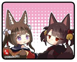 Rule 34 | :d, akagi-chan (azur lane), amagi-chan (azur lane), azur lane, bell, blunt bangs, brown hair, commentary request, eyeshadow, fox girl, fox tail, from behind, hair bell, hair between eyes, hair ornament, hairclip, head tilt, japanese clothes, kimono, kitsune, kyuubi, long hair, long sleeves, looking at viewer, looking back, makeup, multiple tails, off shoulder, open mouth, purple eyes, red eyes, shaft look, sidelocks, simple background, smile, tail, taisa (kari), thick eyebrows, twintails, twitter username, wide sleeves