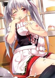 Rule 34 | 1girl, absurdres, apron, bare shoulders, black socks, blush, breast slip, breasts, cccpo, corset, cream, food, food on body, food on face, highres, kneehighs, kurano kun chi no futago jijou, kurano tomoka, large breasts, long hair, nipples, one breast out, red eyes, scan, silver hair, sitting, socks, solo, tray, twintails, waitress, wince