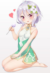 Rule 34 | 1girl, :d, antenna hair, bad anatomy, bare legs, bare shoulders, barefoot, blush, breasts, collarbone, commentary request, dress, flower, hair between eyes, hair flower, hair ornament, heart, holding, jewelry, kokkoro (princess connect!), lap pillow invitation, looking at viewer, mimikaki, necklace, open mouth, patting lap, pointy ears, princess connect!, red eyes, rong yi tan, seiza, short hair, silver hair, simple background, sitting, small breasts, smile, soles, solo, toes, white background, white flower
