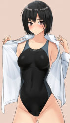 Rule 34 | 1girl, amagami, black hair, black one-piece swimsuit, blue one-piece swimsuit, blush, breasts, brown background, brown eyes, closed eyes, collarbone, commentary, competition swimsuit, cowboy shot, dress shirt, gluteal fold, groin, hair between eyes, highres, looking at viewer, medium breasts, nanasaki ai, one-piece swimsuit, open clothes, open shirt, opened by self, raised eyebrows, shirt, short hair, simple background, smile, solo, swimsuit, swimsuit under clothes, two-tone swimsuit, w arms, white shirt, yoo tenchi